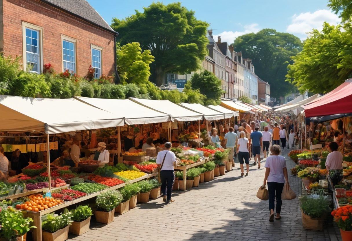 A vibrant marketplace scene bustling with cheerful shoppers and various colorful stalls brimming with quality goods, from handcrafted items to fresh produce. Include an inviting sign that reads 'Wilsom Marketplace' prominently in the background, surrounded by lush greenery and bright flowers. The atmosphere should feel welcoming and lively, with smiles and interactions between vendors and customers. super-realistic. vibrant colors. sunny day.