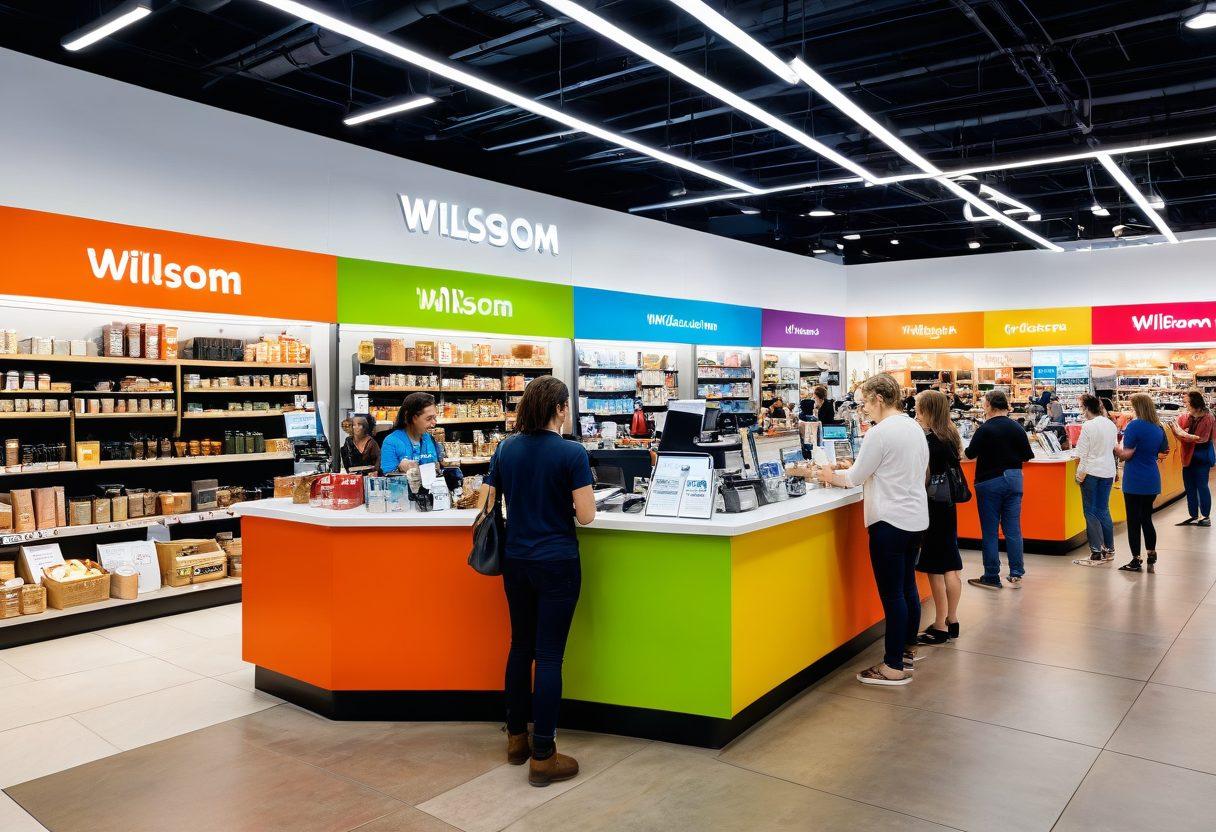 An inviting and bright marketplace scene featuring a diverse range of Wilsom products and services, with enthusiastic customers engaging with friendly staff. Showcase a variety of vibrant colors representing different product categories like home goods, technology, and personal care. Include informational signage and an inviting layout that highlights the Wilsom brand in a lively atmosphere. super-realistic. vibrant colors. 3D.